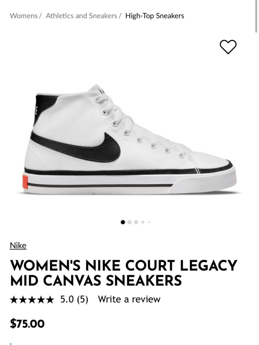 Nike Women's Mid-Top Canvas Sneakers in White and Black with Orange Heel Tab